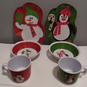 2 Sets Children's 3 Piece Melamine Holiday Dish Set  - Snowman & Penguin